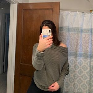 army green sweater with adjustable neckline